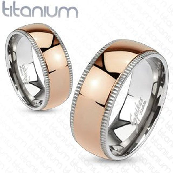 Grooved Solid Titanium Edges with Rose Gold IP Dome Center Band Ring; Comes With Free Gift Box